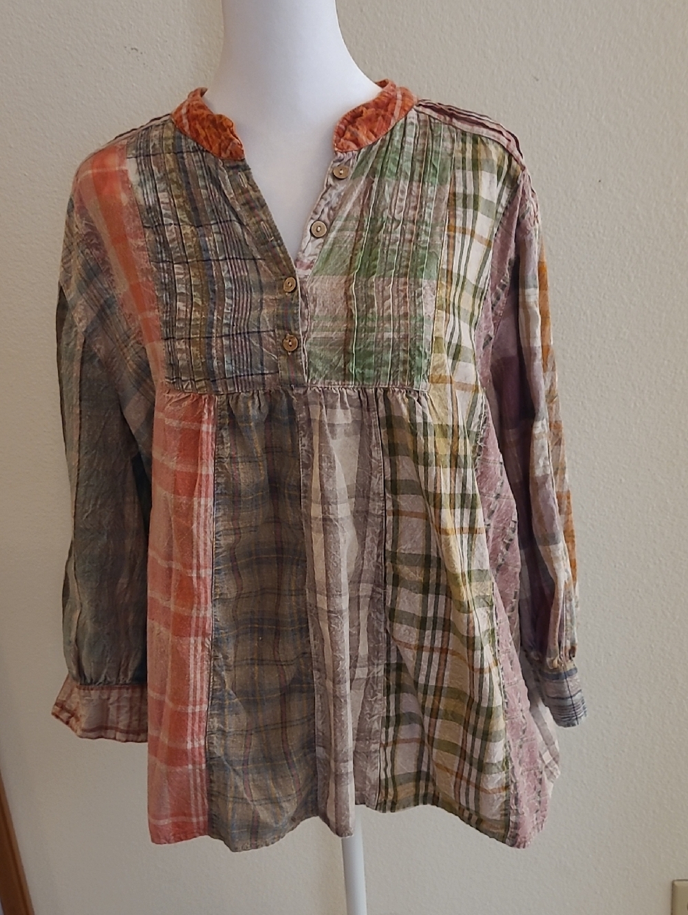 Sacred Threads Multi-Plaid Peasant Blouse in Rust, Green, Cream